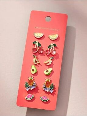 Anthropologie Fruit Stud Earring Set - Pink, Green, Yellow